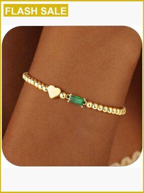 14K Gold-Plated Stretch Bracelet with Heart Charms and Birthstones